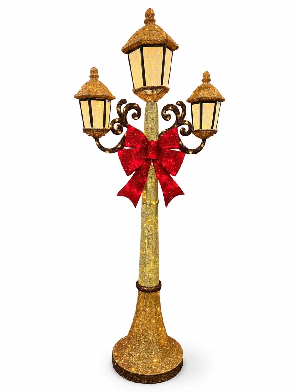 7ft Gold LED Lamp Post with Red Bow - Holiday Decor